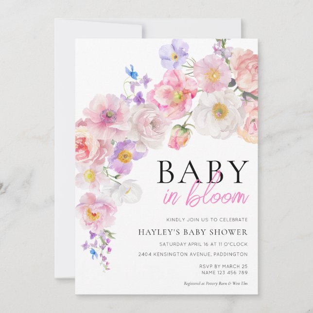Invitation Fête de bébé Eloise Fleurs roses bébé en fleurs (Devant)