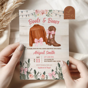 Invitation Fête de Bébé en Bois Rustique Rose Bottes et Ruban