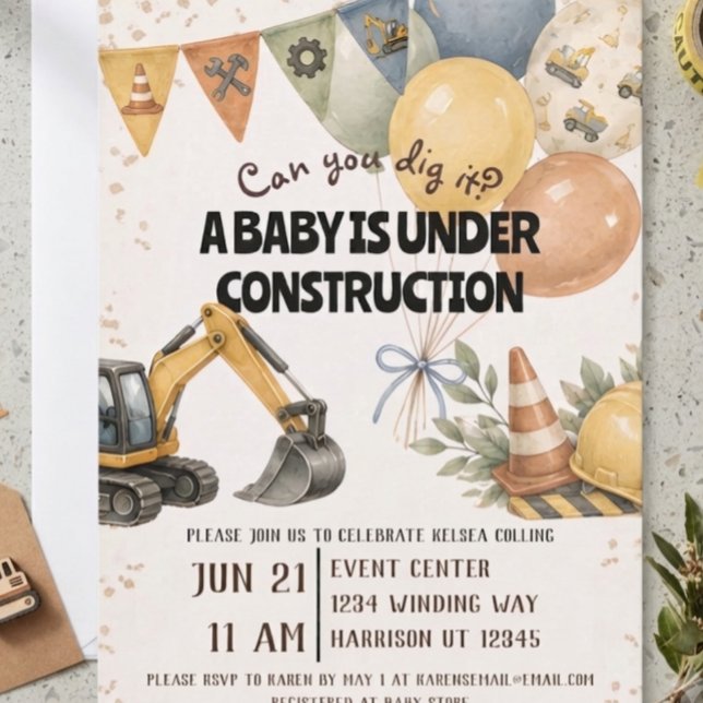 Invitation Fête de Bébé en Construction Dig It (Créateur téléchargé)