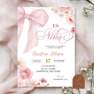 Invitation Fête de bébé espagnole coquette florale rose Es Ni