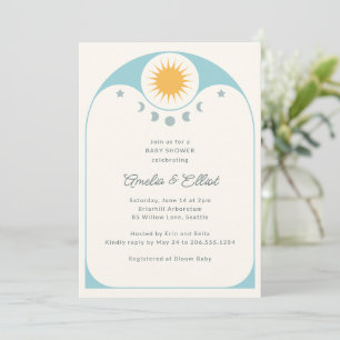 Invitation Fête de bébé étoile lune céleste moderne Bleu doux