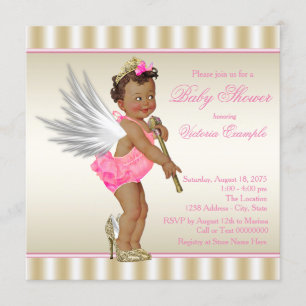 Invitation Fête de bébé fille ange talons hauts or rose Ethni
