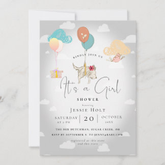 Invitation Fête de bébé fille au ballon en aquarelle Puppy