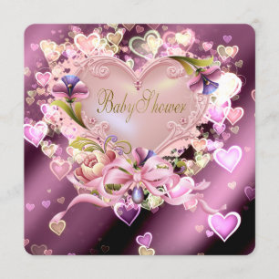 Invitation Fête de bébé fille au damas à cœur rose