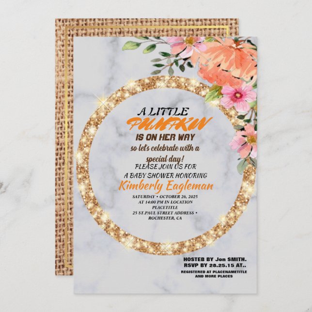 Invitation Fête de bébé fille automne citrouille toile de jut (Devant / Derrière)