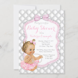 Invitation Fête de bébé fille blonde tutu rose perle