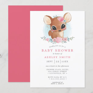 Invitation Fête de Bébé Fille Cerf Floral Douce Forêt