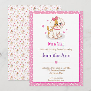 Invitation Fête de Bébé Fille Chien Chiot Arc-en-Ciel Rose