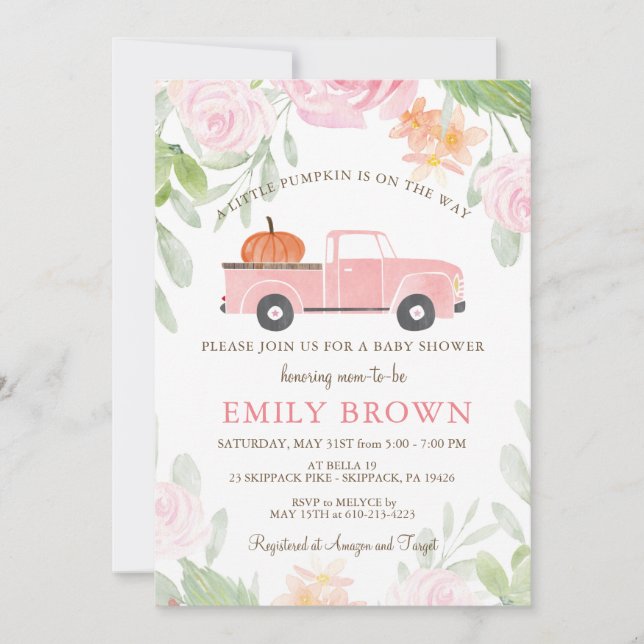 Invitation Fête de bébé Fille CITROUILLE Rose avec Camion Flo (Devant)