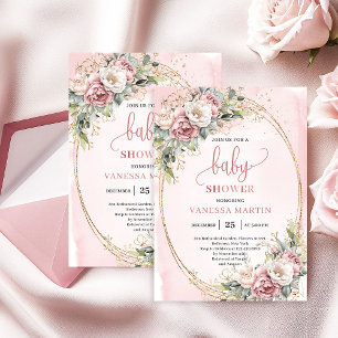Invitation Fête de bébé fille classique rose saumon floral eu