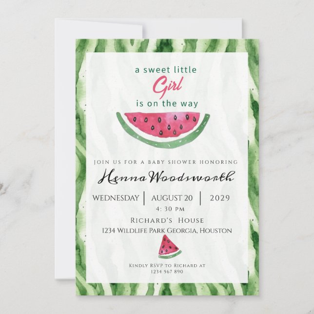 Invitation Fête de Bébé Fille Douce Bordure Pastèque Été  (Devant)