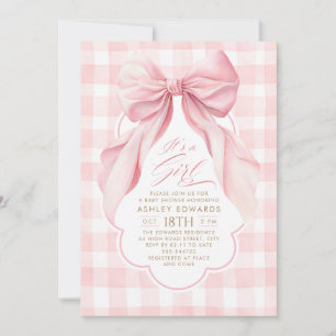 Invitation Fête de bébé fille élégante à carreaux rose et nœu