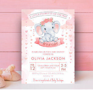 Invitation Fête de bébé fille éléphant aquarelle rose 