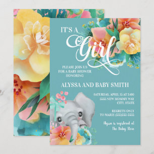 Invitation Fête de bébé fille éléphant floral rose sarcelle j