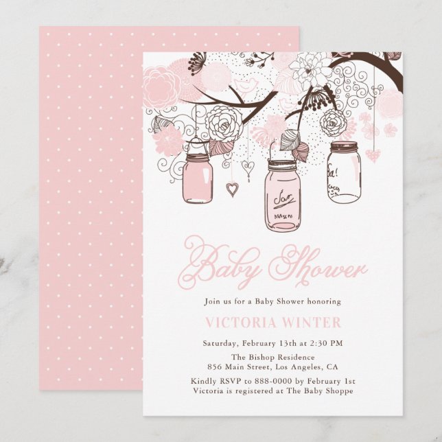 Invitation Fête de Bébé Fille en Jars de Maçon Suspendus Rose (Devant / Derrière)