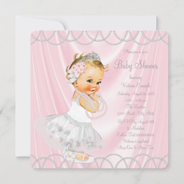 Invitation Fête de Bébé Fille en Satin Rose et Perles (Devant)