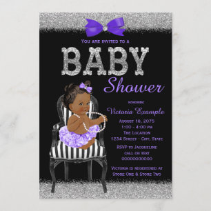 Invitation Fête de Bébé Fille Ethnique Violet Noir Argent Lav