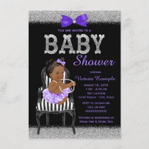 Invitation Fête de Bébé Fille Ethnique Violet Noir Argent Lav