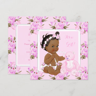 Invitation Fête de bébé fille florale vintage ours rose ethni