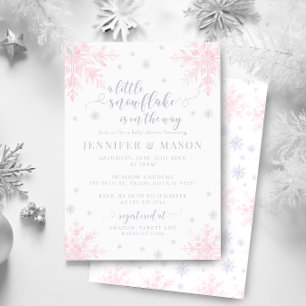 Invitation Fête de bébé fille hiver Flocon de neige gris rose