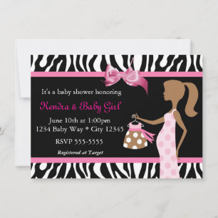 Invitation Fête de Bébé Fille Maman Mod Imprimé Zèbre & Nœud
