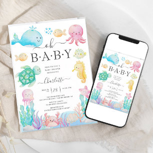 Invitation Fête de Bébé Fille Pieuvre Rose Sous La Mer