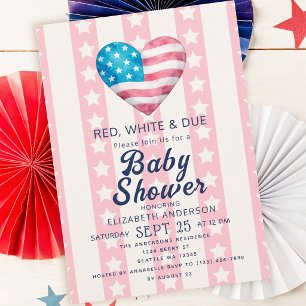 Invitation Fête de bébé fille Red White & Due Heart Stripes