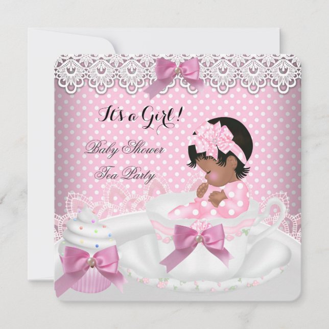 Invitation Fête de bébé fille Rose Bébé Tasse à thé Cupcake 2 (Devant)