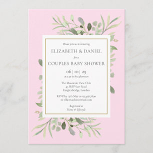 Invitation Fête de bébé fille rose Couples Eucalyptus Verdure