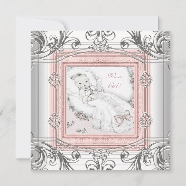 Invitation Fête de bébé fille rose et argent (Devant)