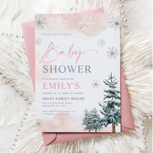 Invitation Fête de Bébé Fille Rose Hiver Merveilleux