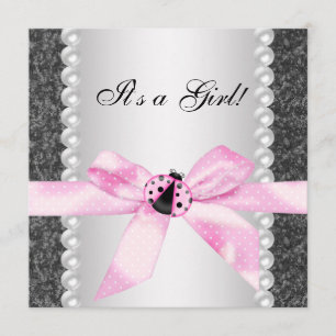 Invitation Fête de Bébé Fille Rose Noir Coccinelle Perles