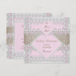 Invitation Fête de bébé fille Rose Perle Arc en lace Burlap 3