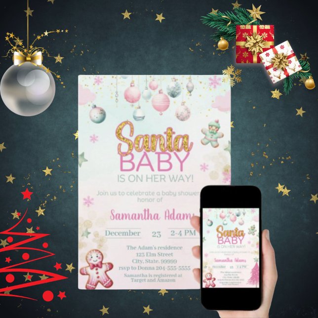 Invitation Fête de bébé fille Santa Baby Shower  (Créateur téléchargé)