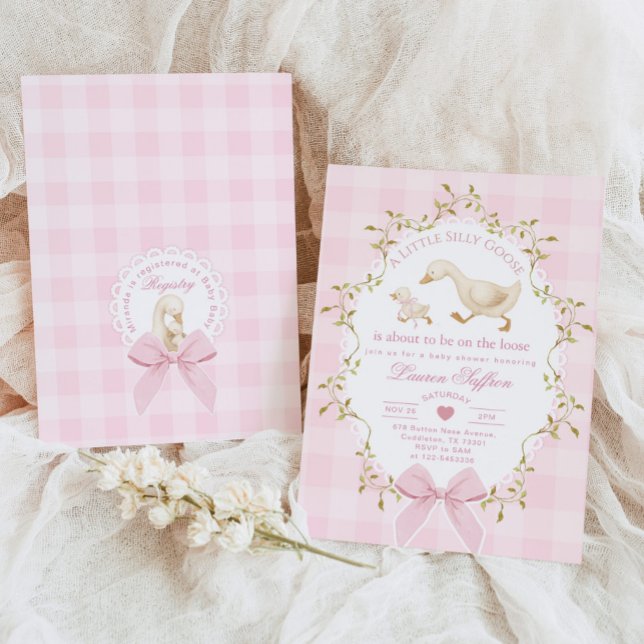 Invitation Fête de bébé fille Silly Goose rose à carreaux (Créateur téléchargé)
