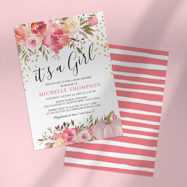 Invitation Fête de bébé fille thème Automne Rose Citrouille (Créateur téléchargé)