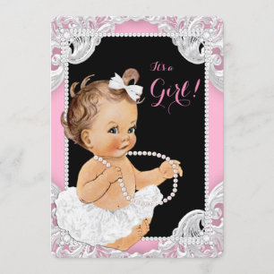 Invitation Fête de bébé fille tutu blanc perle rose noir