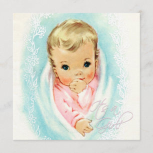 Invitation Fête de Bébé Fille Vintage Bleu Canard et Rose