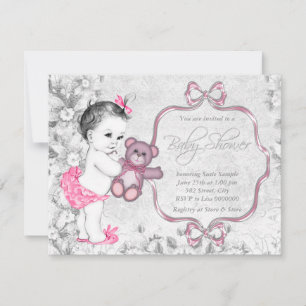 Invitation Fête de bébé fille vintage gris rose