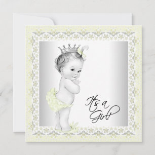 Invitation Fête de bébé fille vintage jaune et gris