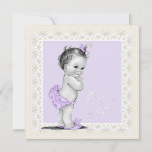 Invitation Fête de bébé fille vintage lavande et ivoire