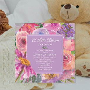Invitation Fête de Bébé Fleur Little Bloom Rose Violet