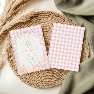 Invitation Fête de Bébé Fleur Rose Blush Silly Goose Gingham