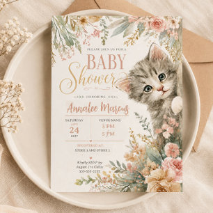 Invitation Fête de Bébé Fleur Rose Kitten Blush 
