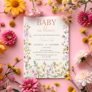 Invitation Fête de bébé Fleur sauvage Rose Fille QR Baby Show