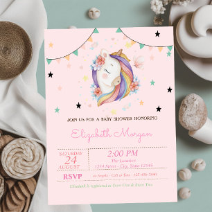 Invitation Fête de Bébé Fleurs de Licorne Mignonnes