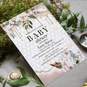Invitation Fête de Bébé Fleurs de Marbre avec Dégoulinure de