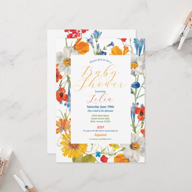 Invitation Fête de Bébé Fleurs d'Été Couleur Fleurs Party (Devant/Arrière en situation)