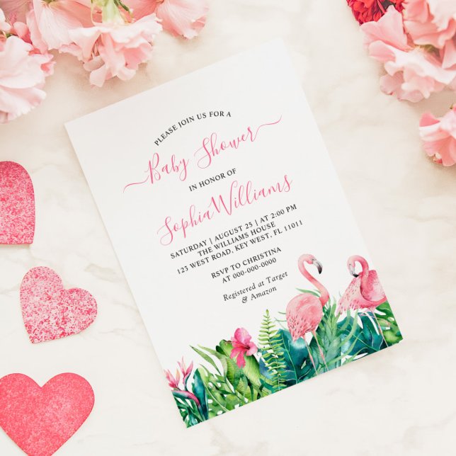 Invitation Fête de bébé Fleurs Roses Tropicales Flamants Rose (Créateur téléchargé)