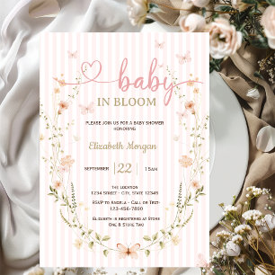 Invitation Fête de Bébé Fleurs Sauvages Papillons Rayures Ros